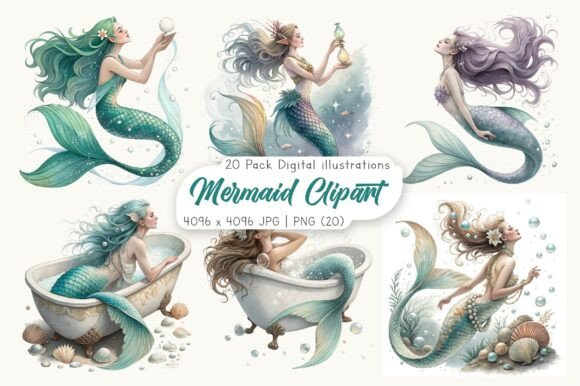 Download Watercolor Mermaid Clipart Bundle - Mermaid Collection