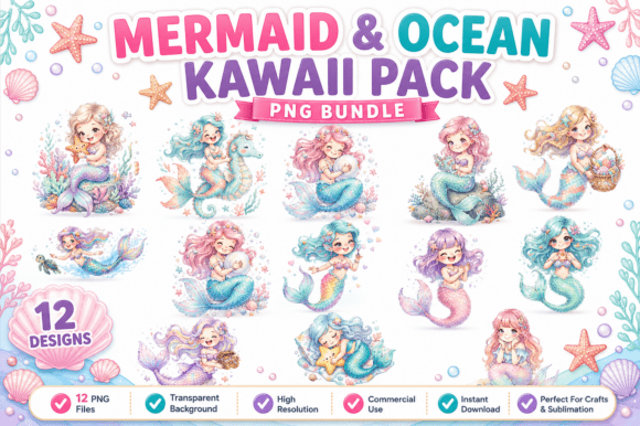 Download Mermaid &amp; Ocean Kawaii PNG Bundle - Mermaid Collection