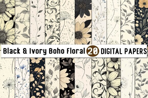 Download Black &amp; Ivory Boho Floral Digital Paper - Floral digital paper Collection
