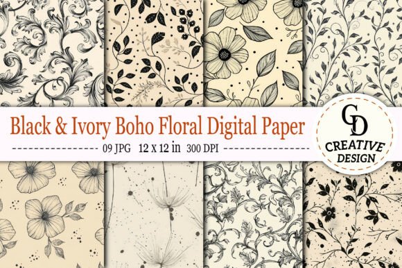 Download Black &amp; Ivory Boho Floral Digital Paper - Floral digital paper Collection
